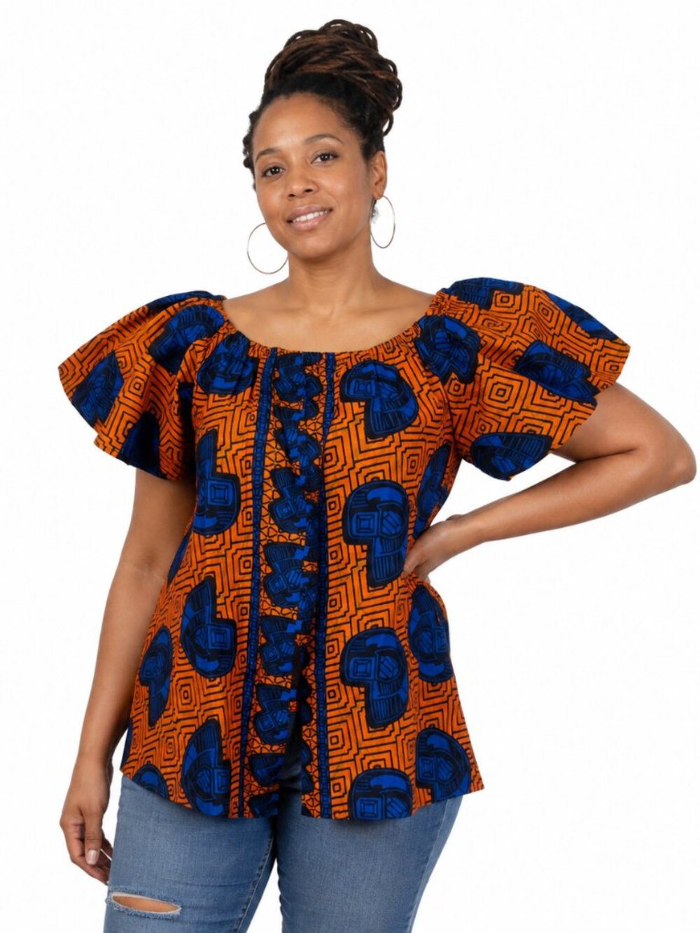 Women’s African Print Top Cotton Orange Blue Boho Puff Sleeve Free & Plus Size